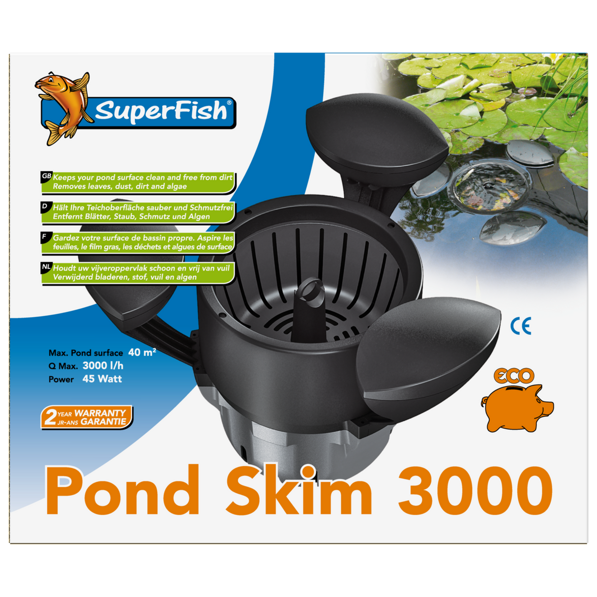 Superfish Pond Skimm 3000 Teichskimmer mit Pumpe, schwimmender Oberflächen-Skimmer