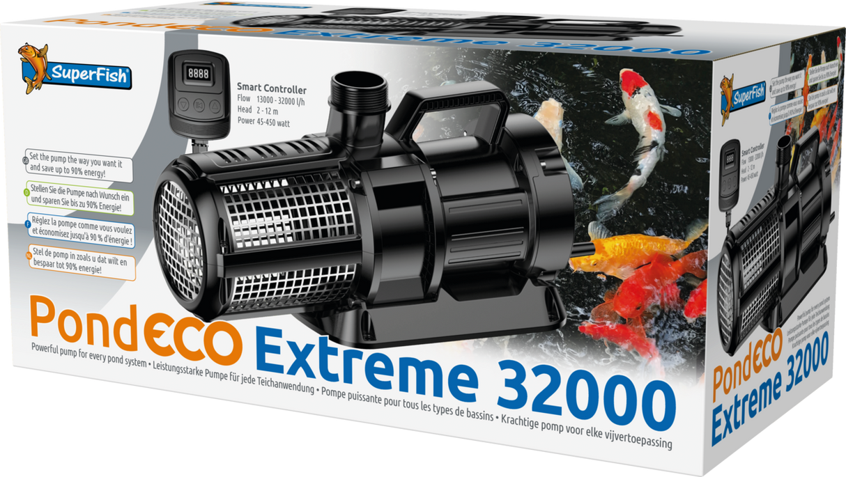 SuperFish POND ECO EXTREME 32.000 – regelbare Teichpumpe 45–450 W, 32.000 l/h, 12 m Förderhöhe