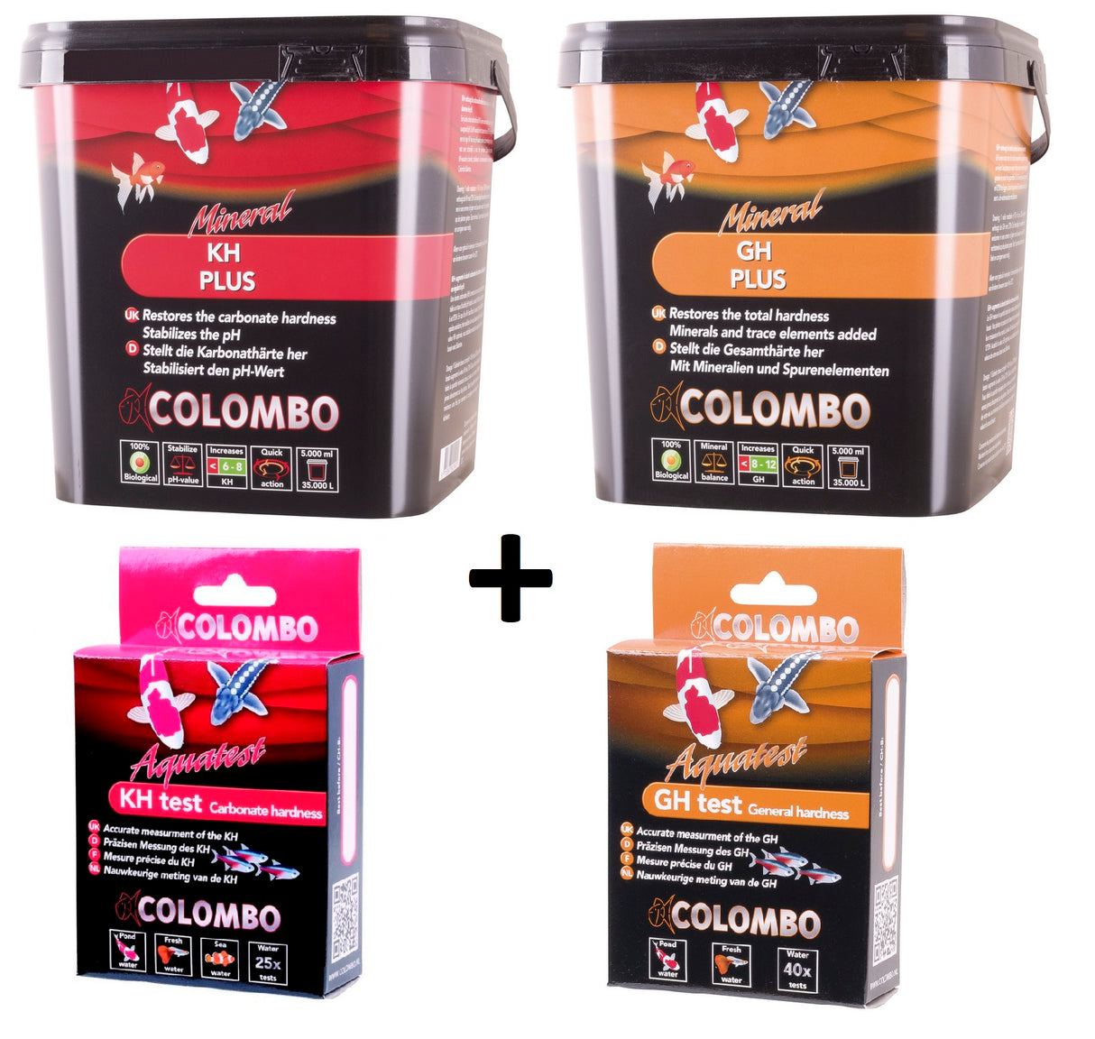 Colombo Set GH plus 5 Liter und KH plus 5 Ltr. inkl. GH Test und KH Test (je ca.40 Test)