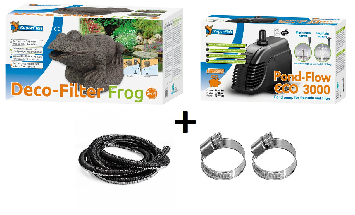 SuperFish Filter Frosch Wasserspiel Set, Frosch, SF Pumpe, Schlauch und Schellen