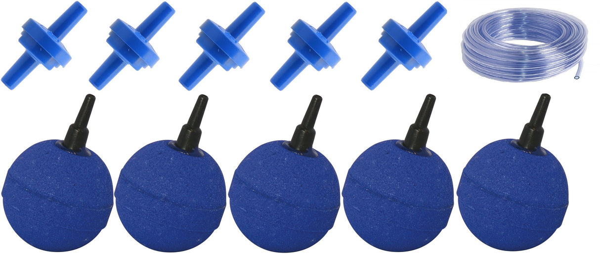 Belüfter Set 5x Rückschlagventil, 25m Luftschlauch, 5 Belüftersteine rund Ø 50mm  blau