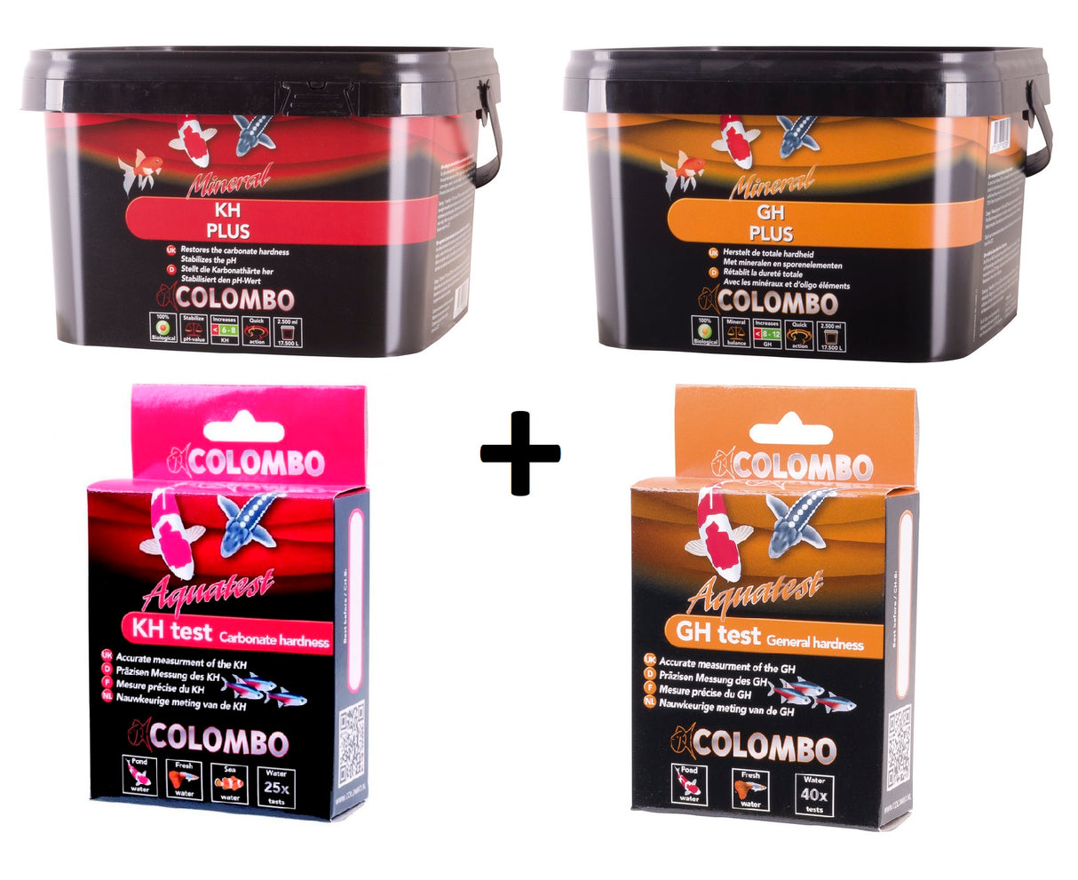 Colombo Set  GH plus 2,5 Liter und KH plus 2,5 Ltr. inkl. GH Test und KH Test (je ca.40 Test)